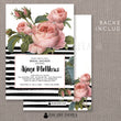 Load image into Gallery viewer, Elegant brush stripes and vintage floral bridal shower invitations, with classic black & white stripes & romantic pink roses