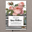 Load image into Gallery viewer, Elegant brush stripes and vintage floral bridal shower invitations, with classic black & white stripes & romantic pink roses
