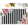 Load image into Gallery viewer, Black Striped Beauty Paper Placemats with Flowers for Bridal Shower Dinner by Digibuddha