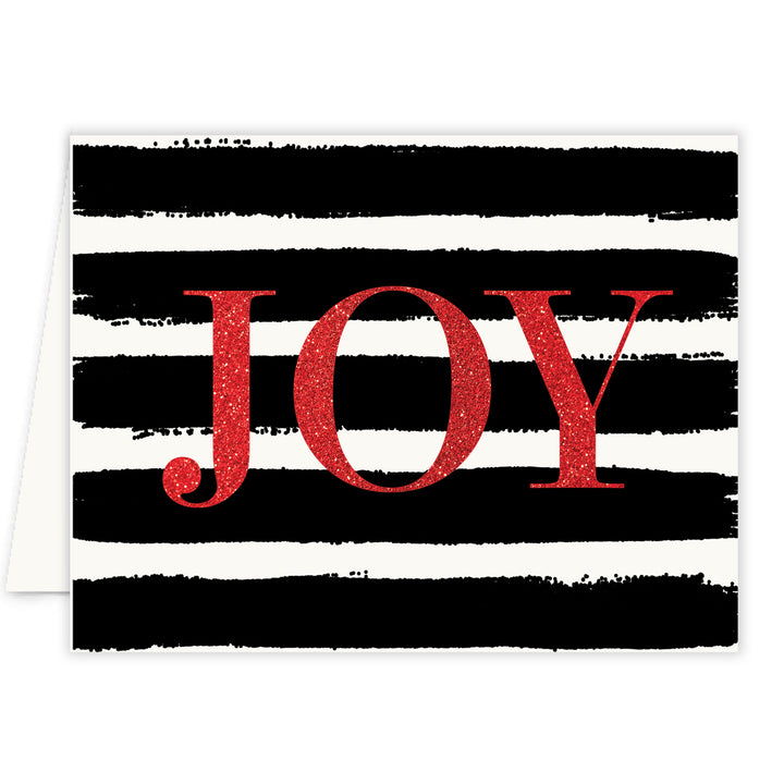 Chic Christmas red festive greeting cards with glitter look red text, black and white stripes, and bright colors.