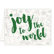 Load image into Gallery viewer, Joy to the World Green Holiday Card with bold festive font, muted Christmas background pattern, blank interior for messages