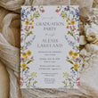 Load image into Gallery viewer, Elegant graduation party invitation with spring wildflower frame, pressed floral design, and whimsical garden party theme
