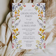 Load image into Gallery viewer, Elegant graduation party invitation with spring wildflower frame, pressed floral design, and whimsical garden party theme