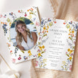 Load image into Gallery viewer, Elegant graduation party invitation with spring wildflower frame, pressed floral design, and whimsical garden party theme