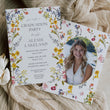 Load image into Gallery viewer, Elegant graduation party invitation with spring wildflower frame, pressed floral design, and whimsical garden party theme