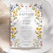 Load image into Gallery viewer, Elegant baptism invitation with spring wildflower frame, pressed floral design, and whimsical garden theme.