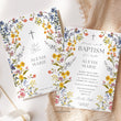 Load image into Gallery viewer, Elegant baptism invitation with spring wildflower frame, pressed floral design, and whimsical garden theme.