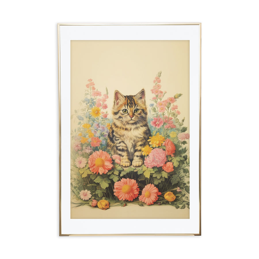 Flower Patch Vintage Cat Art Print