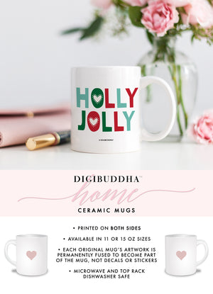 A white ceramic coffee mug with the vibrant, bold words HOLLY JOLLY printed in hues of red and green in a modern, trendy, fun, and festive font.