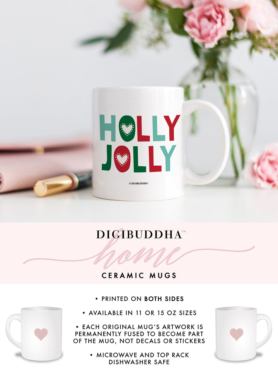 A white ceramic coffee mug with the vibrant, bold words HOLLY JOLLY printed in hues of red and green in a modern, trendy, fun, and festive font.