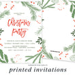 Load image into Gallery viewer, Image of holly festive Christmas party invitations, 5x7 inch, featuring vibrant red and green colors with a modern design, customizable for holiday events, showing detailed holly and evergreen illustrations, indicating easy personalization options and quick delivery for customers planning Christmas celebrations.