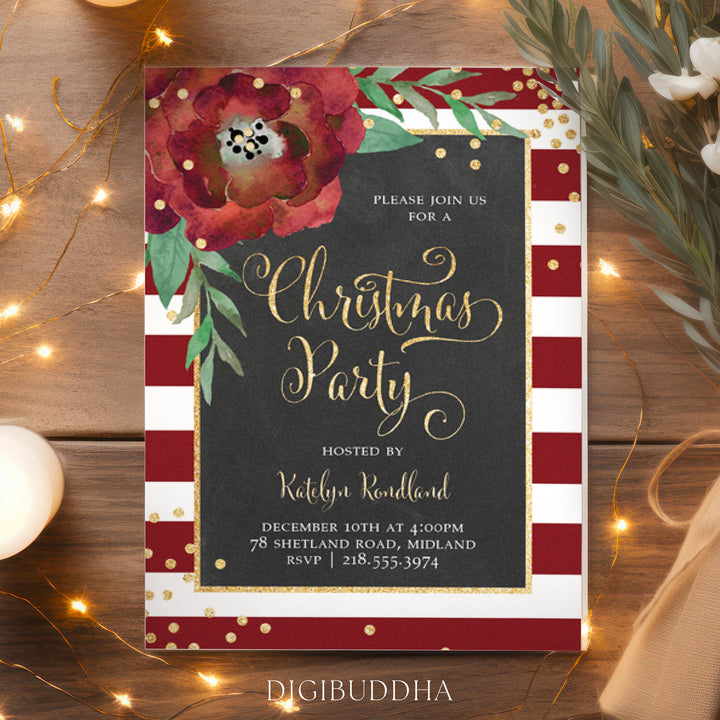 Elegant gold with red stripes Christmas party invitation with a chalkboard background and vibrant red flower accent with festive gold fonts