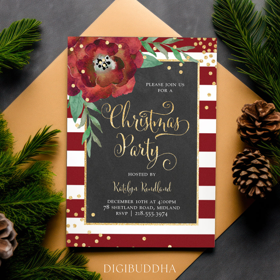 Elegant gold with red stripes Christmas party invitation with a chalkboard background and vibrant red flower accent with festive gold fonts