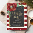 Load image into Gallery viewer, Elegant gold with red stripes Christmas party invitation with a chalkboard background and vibrant red flower accent with festive gold fonts