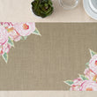 Load image into Gallery viewer, Pink vintage floral paper placemats, featuring rose design and burlap look, ideal for rustic dining and special events.