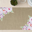 Load image into Gallery viewer, Rustic lavender roses paper placemats with purple flowers and faux linen design, perfect for modern table settings.