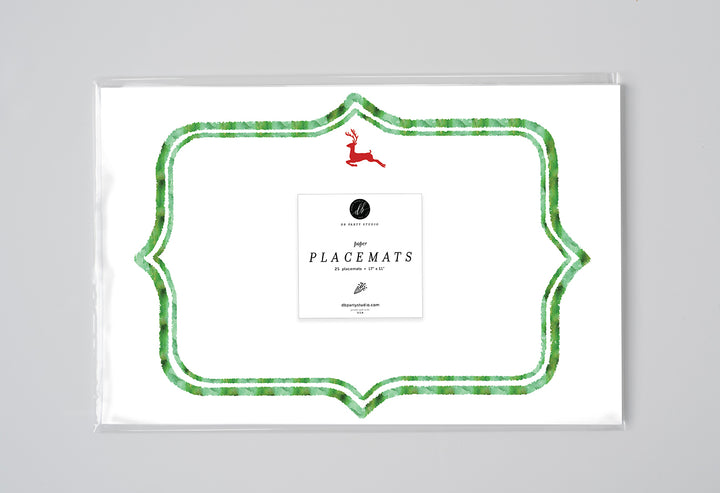 A pack of red reindeer Christmas paper placemats with a Christmas green border, showcasing elegant and festive boho design elements perfect for holiday dining.