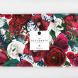Load image into Gallery viewer, Elegant Digibuddha paper placemats showcasing a vibrant floral pattern with blooming red and white roses against a deep Christmas red backdrop. The professionally press printed, luxury placemats, measuring approximately 17x11 inches