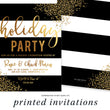 Load image into Gallery viewer, Black and white striped Christmas invitation with faux gold dots, elegant design for holiday parties