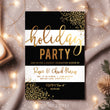 Load image into Gallery viewer, Black and white striped Christmas invitation with faux gold dots, elegant design for holiday parties