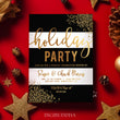 Load image into Gallery viewer, Black and white striped Christmas invitation with faux gold dots, elegant design for holiday parties