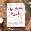 Load image into Gallery viewer, Red and gold snowflake design on a Christmas party invitation with elegant red script font, showcasing the festive and jolly theme of the holiday season.