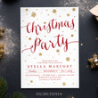 Load image into Gallery viewer, Red and gold snowflake design on a Christmas party invitation with elegant red script font, showcasing the festive and jolly theme of the holiday season.