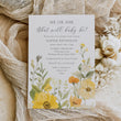 Load image into Gallery viewer, Gender neutral gender reveal party invitation featuring wildflowers in pastel yellow and sage green, asking 'he or she what will it be?