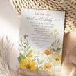 Load image into Gallery viewer, Gender neutral gender reveal party invitation featuring wildflowers in pastel yellow and sage green, asking 'he or she what will it be?