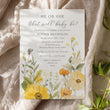Load image into Gallery viewer, Gender neutral gender reveal party invitation featuring wildflowers in pastel yellow and sage green, asking 'he or she what will it be?