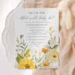 Load image into Gallery viewer, Gender neutral gender reveal party invitation featuring wildflowers in pastel yellow and sage green, asking 'he or she what will it be?