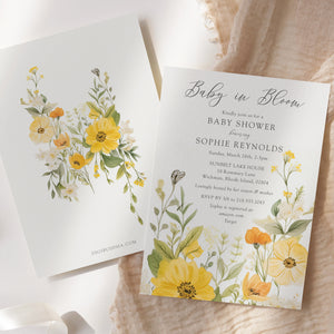 Baby in bloom shower invitation featuring yellow wildflowers, pastel hues, and sage green accents for a whimsical, gender-neutral celebration.