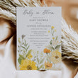 Load image into Gallery viewer, Baby in bloom shower invitation featuring yellow wildflowers, pastel hues, and sage green accents for a whimsical, gender-neutral celebration.