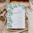 Load image into Gallery viewer, Elegant baby sprinkle invitation with floral and botanical designs in French blue and Charleston blue, perfect for a garden party themed baby shower.