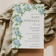 Load image into Gallery viewer, Elegant baby sprinkle invitation with floral and botanical designs in French blue and Charleston blue, perfect for a garden party themed baby shower.