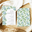 Load image into Gallery viewer, Elegant baby sprinkle invitation with floral and botanical designs in French blue and Charleston blue, perfect for a garden party themed baby shower.