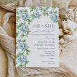 Load image into Gallery viewer, Gender reveal party invitation featuring French blue floral and sage greenery design, asking 'he or she what will baby be?' for a southern theme garden party reveal chinoiserie french blue charleston blue floral