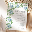 Load image into Gallery viewer, Gender reveal party invitation featuring French blue floral and sage greenery design, asking 'he or she what will baby be?' for a southern theme garden party reveal chinoiserie french blue charleston blue floral