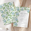 Load image into Gallery viewer, Gender reveal party invitation featuring French blue floral and sage greenery design, asking 'he or she what will baby be?' for a southern theme garden party reveal chinoiserie french blue charleston blue floral