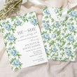 Load image into Gallery viewer, Gender reveal party invitation featuring French blue floral and sage greenery design, asking 'he or she what will baby be?' for a southern theme garden party reveal chinoiserie french blue charleston blue floral