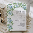 Load image into Gallery viewer, Gender reveal party invitation featuring French blue floral and sage greenery design, asking 'he or she what will baby be?' for a southern theme garden party reveal chinoiserie french blue charleston blue floral
