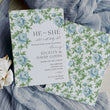 Load image into Gallery viewer, Gender reveal party invitation featuring French blue floral and sage greenery design, asking 'he or she what will baby be?' for a southern theme garden party reveal chinoiserie french blue charleston blue floral