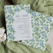 Load image into Gallery viewer, Gender reveal party invitation featuring French blue floral and sage greenery design, asking 'he or she what will baby be?' for a southern theme garden party reveal chinoiserie french blue charleston blue floral