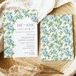 Load image into Gallery viewer, Gender reveal party invitation featuring French blue floral and sage greenery design, asking 'he or she what will baby be?' for a southern theme garden party reveal chinoiserie french blue charleston blue floral