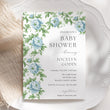 Load image into Gallery viewer, Green blue toile baby shower invitation with French blue florals, greenery, and Charleston blue elegance, embodying preppy and vintage charm.