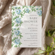 Load image into Gallery viewer, Green blue toile baby shower invitation with French blue florals, greenery, and Charleston blue elegance, embodying preppy and vintage charm.