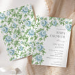 Load image into Gallery viewer, Green blue toile baby shower invitation with French blue florals, greenery, and Charleston blue elegance, embodying preppy and vintage charm.