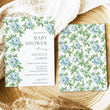 Load image into Gallery viewer, Green blue toile baby shower invitation with French blue florals, greenery, and Charleston blue elegance, embodying preppy and vintage charm.