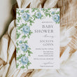 Load image into Gallery viewer, Green blue toile baby shower invitation with French blue florals, greenery, and Charleston blue elegance, embodying preppy and vintage charm.