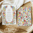 Load image into Gallery viewer, Colorful wildflower baby shower invitation card for garden theme celebration, blending purple, green, yellow, and pink florals, perfect for spring or summer boho-themed baby showers.